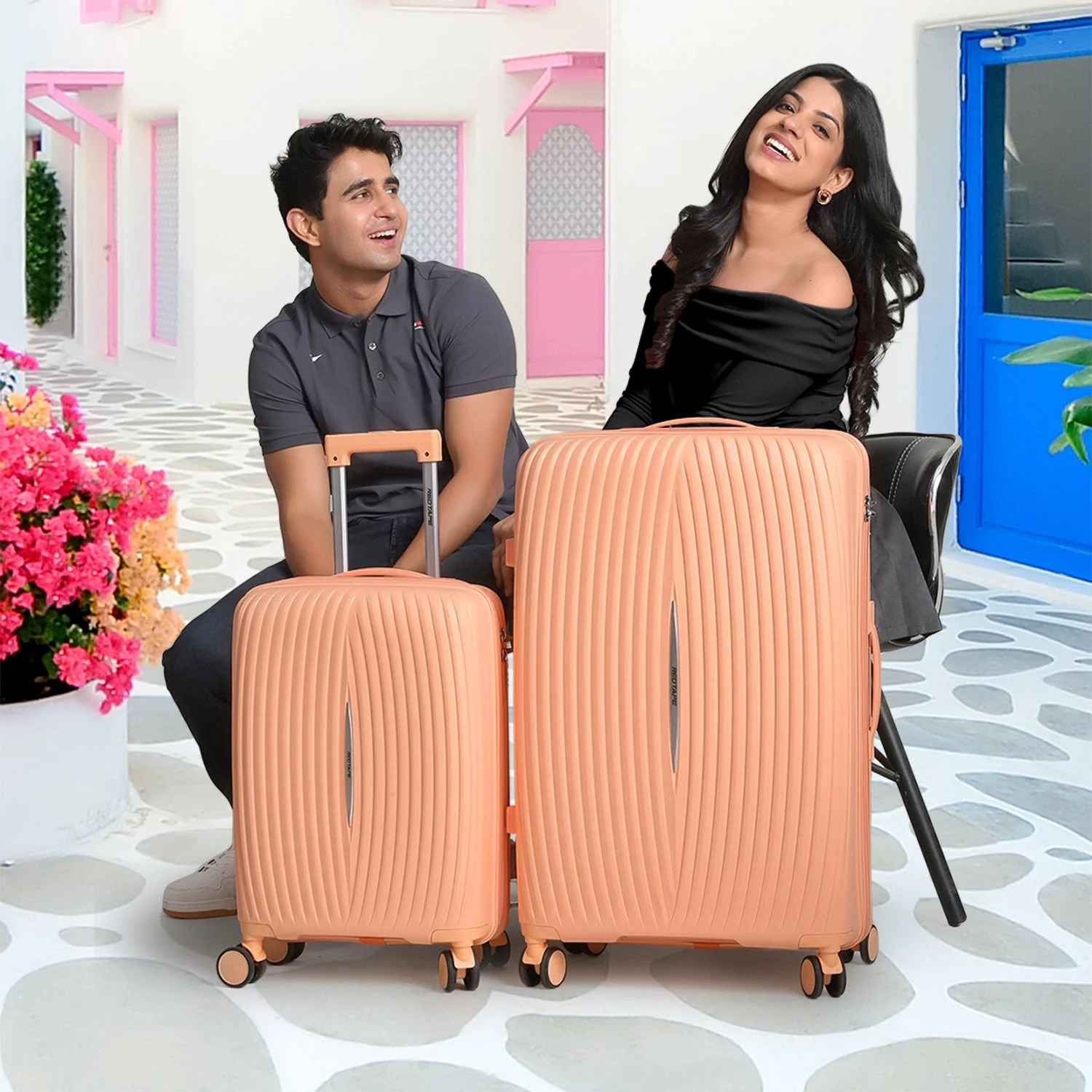 Peach 8 Wheels Trolley Bag Set of 2 (Large + Medium)