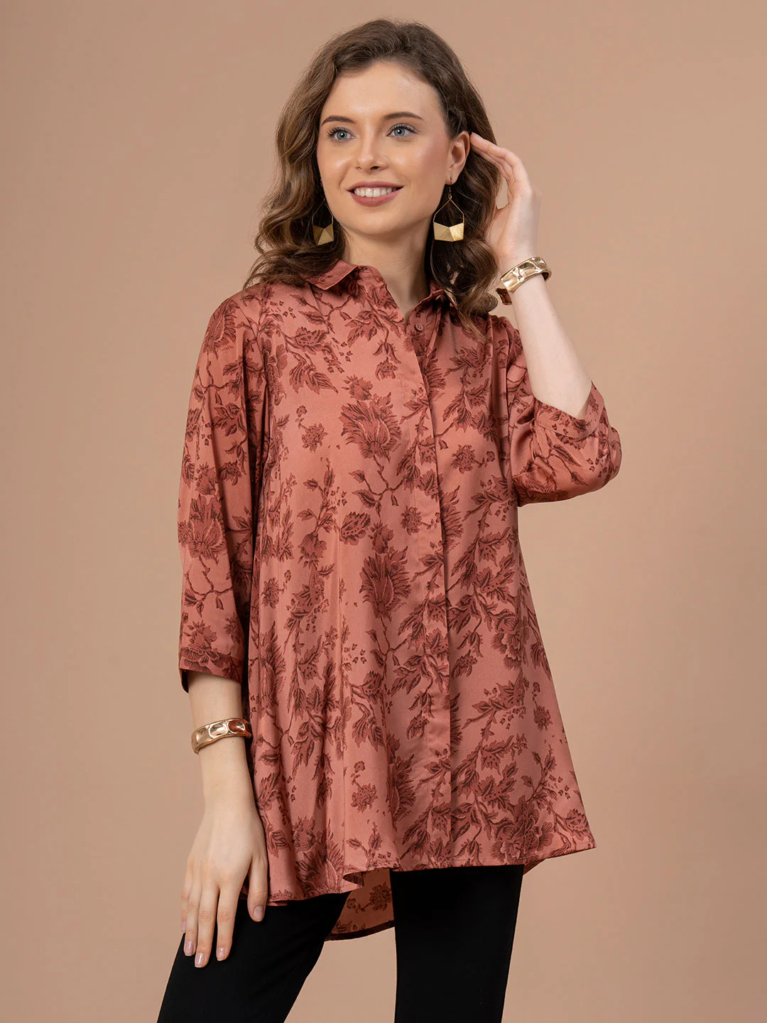 Peach Printed Polyester Women's Blouse Top