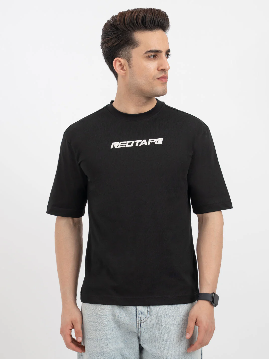 Red Tape Black Graphic T-Shirt for Men