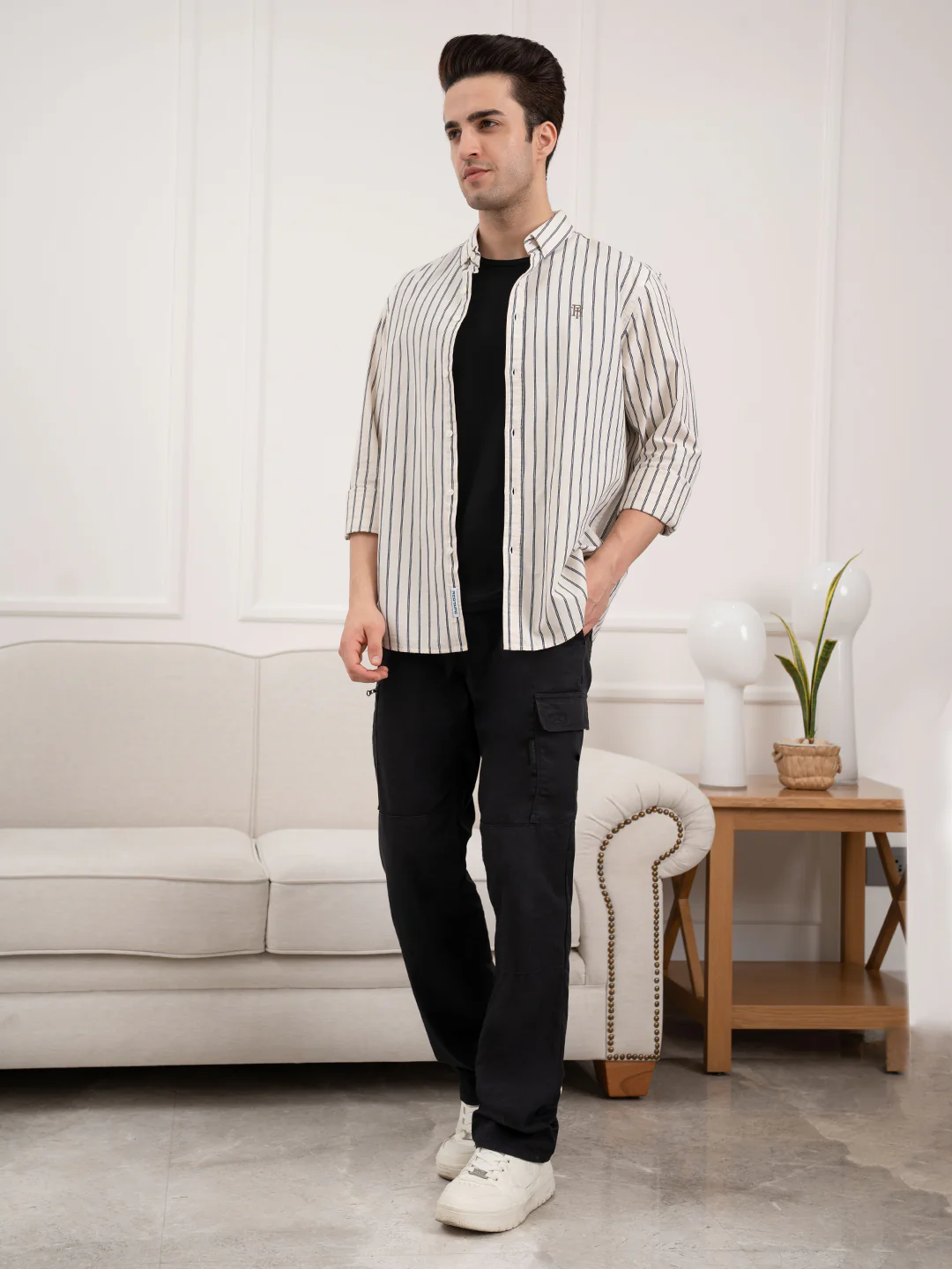 Full Sleeve Beige Striped Shirt for Men | Casual Comfort in Classic Style