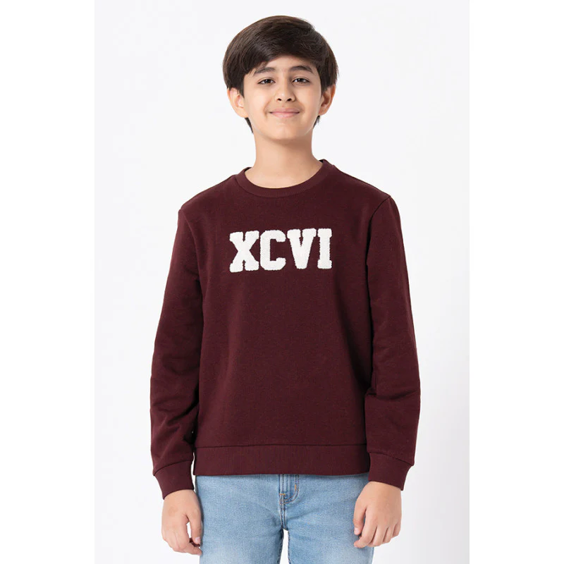 Kids Unisex Maroon Melange Embroidered Sweatshirt