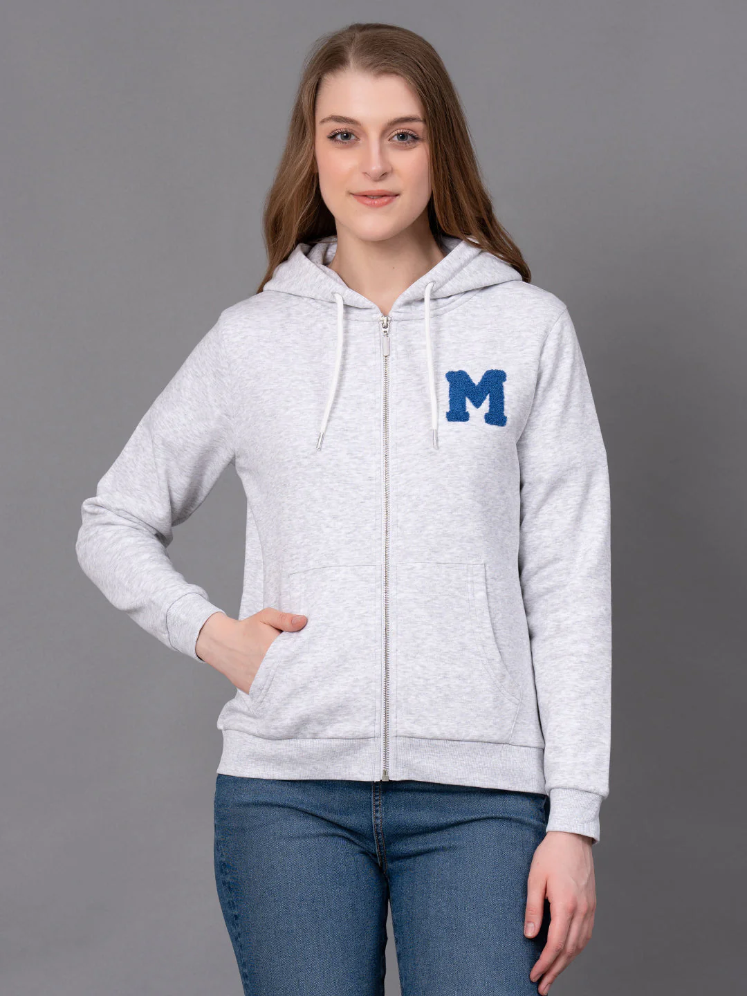 Light Grey Melange Cotton Poly Viscose Embroidered Women's Hoodie