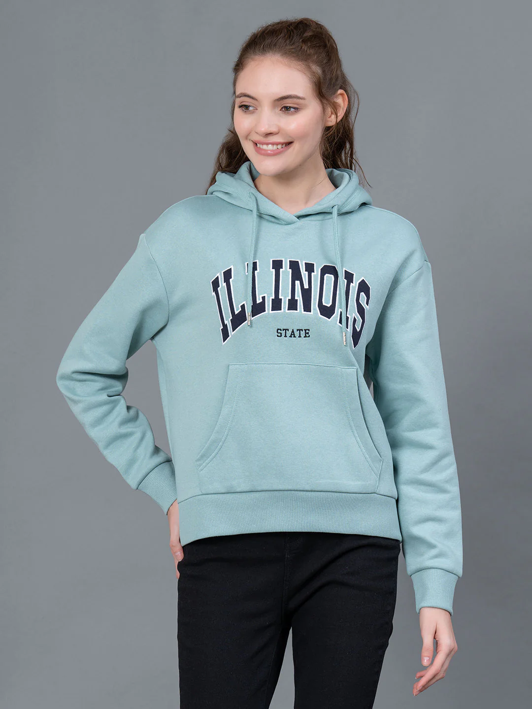 Light Sea Green Embroidered Cotton Poly Fleece Women's Hoodie