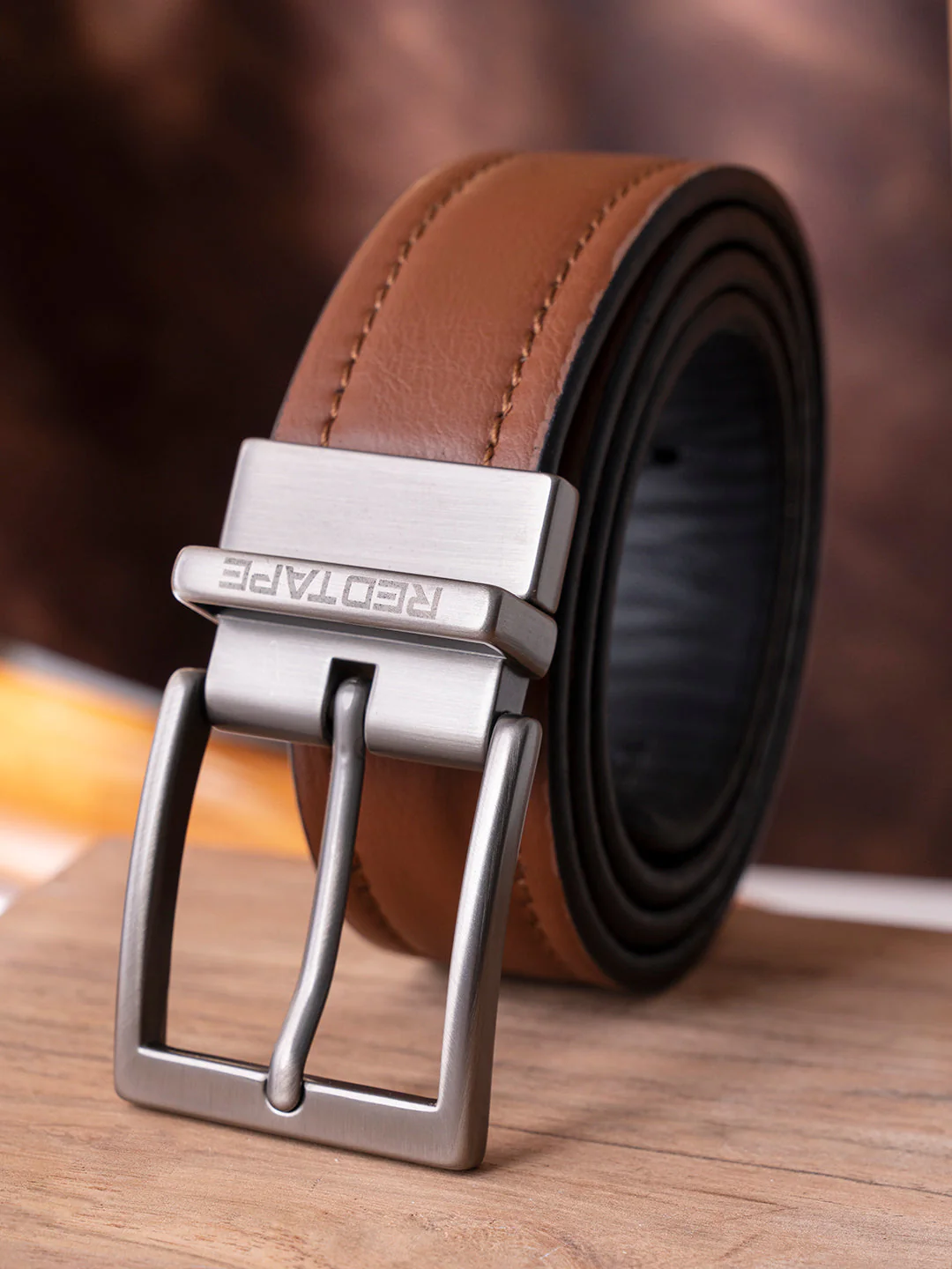Men Black Tan PU Reversible Belt