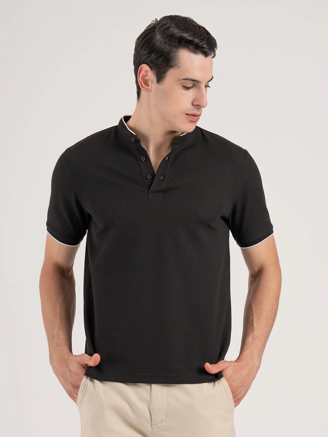 Men Black Waffle Henley Pattern Poly Cotton Spandex Regular Fit T-Shirt