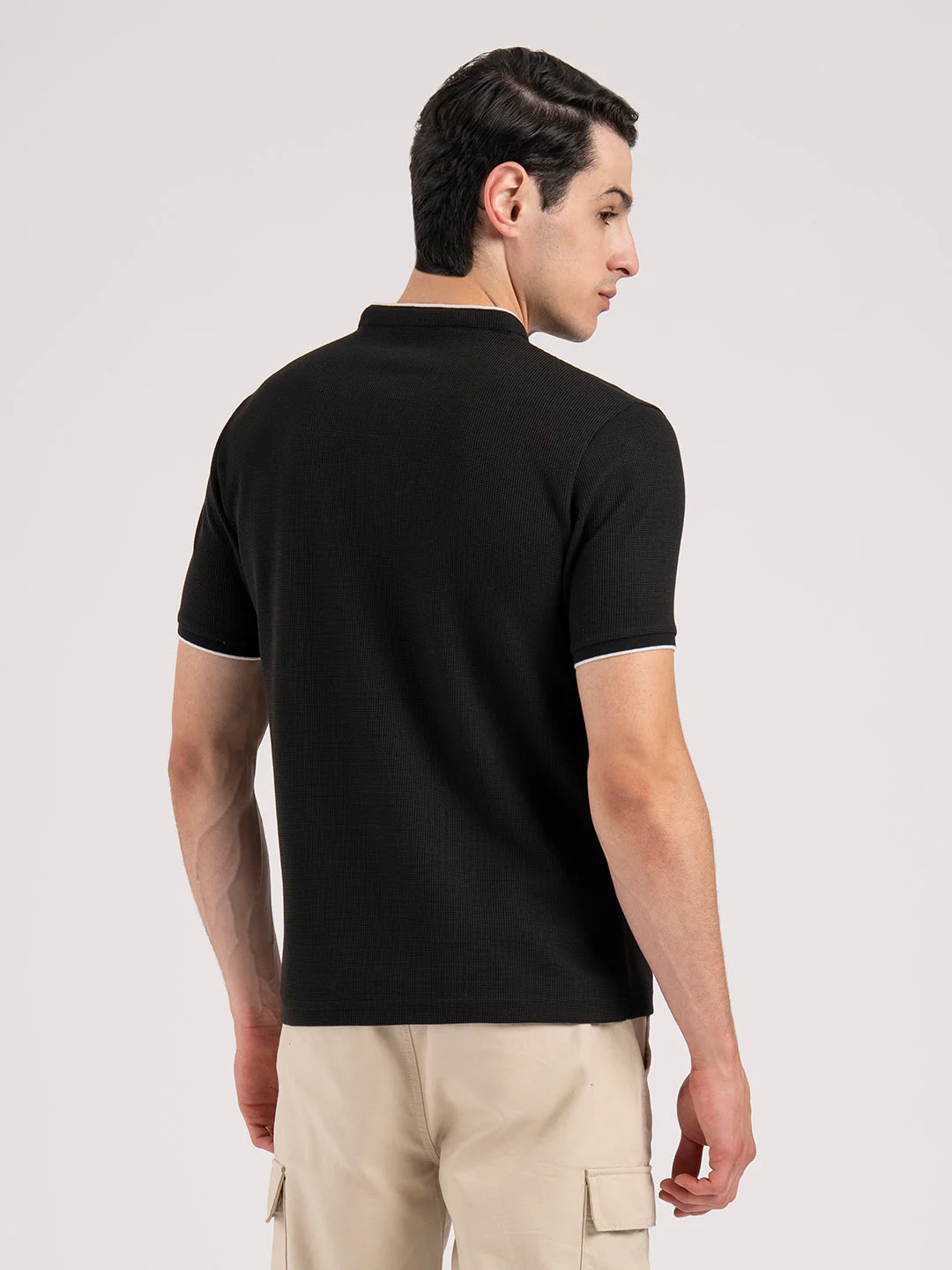 Men Black Waffle Henley Pattern Poly Cotton Spandex Regular Fit T-Shirt - Image 3