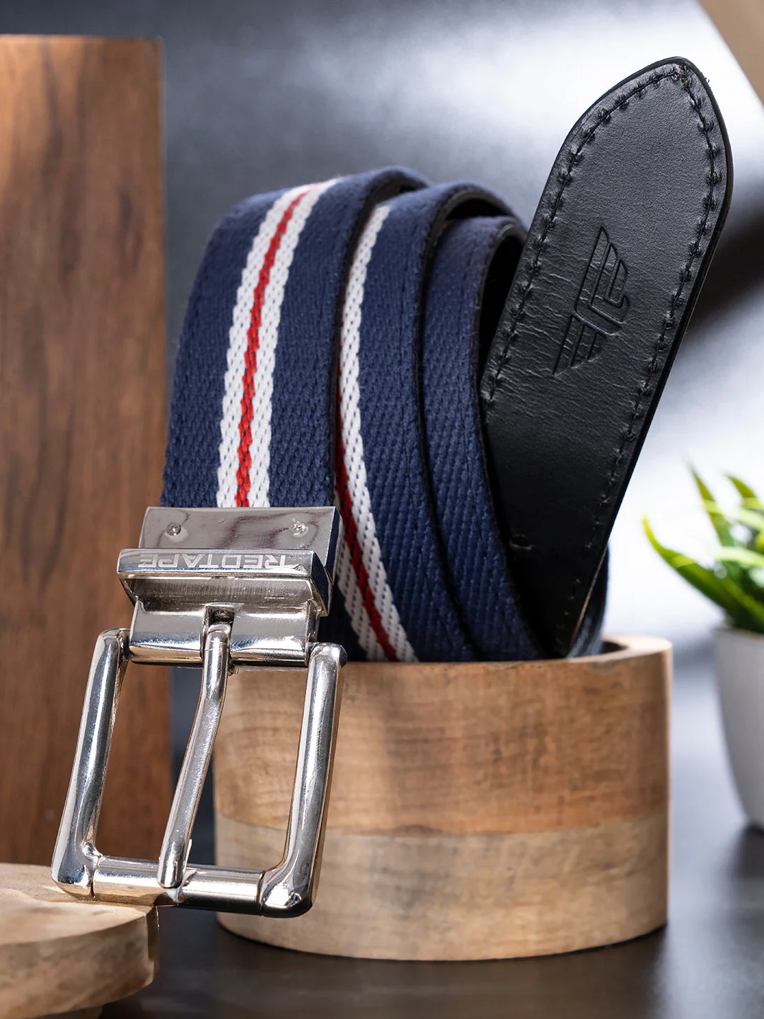 Men Navy Black Leather Reversible Belt