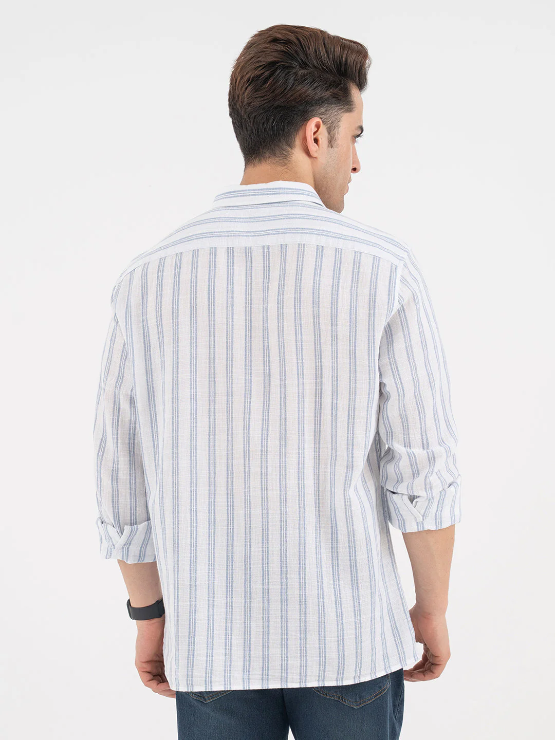 Men’s Slate Blue Casual Stripe Shirt - Image 3