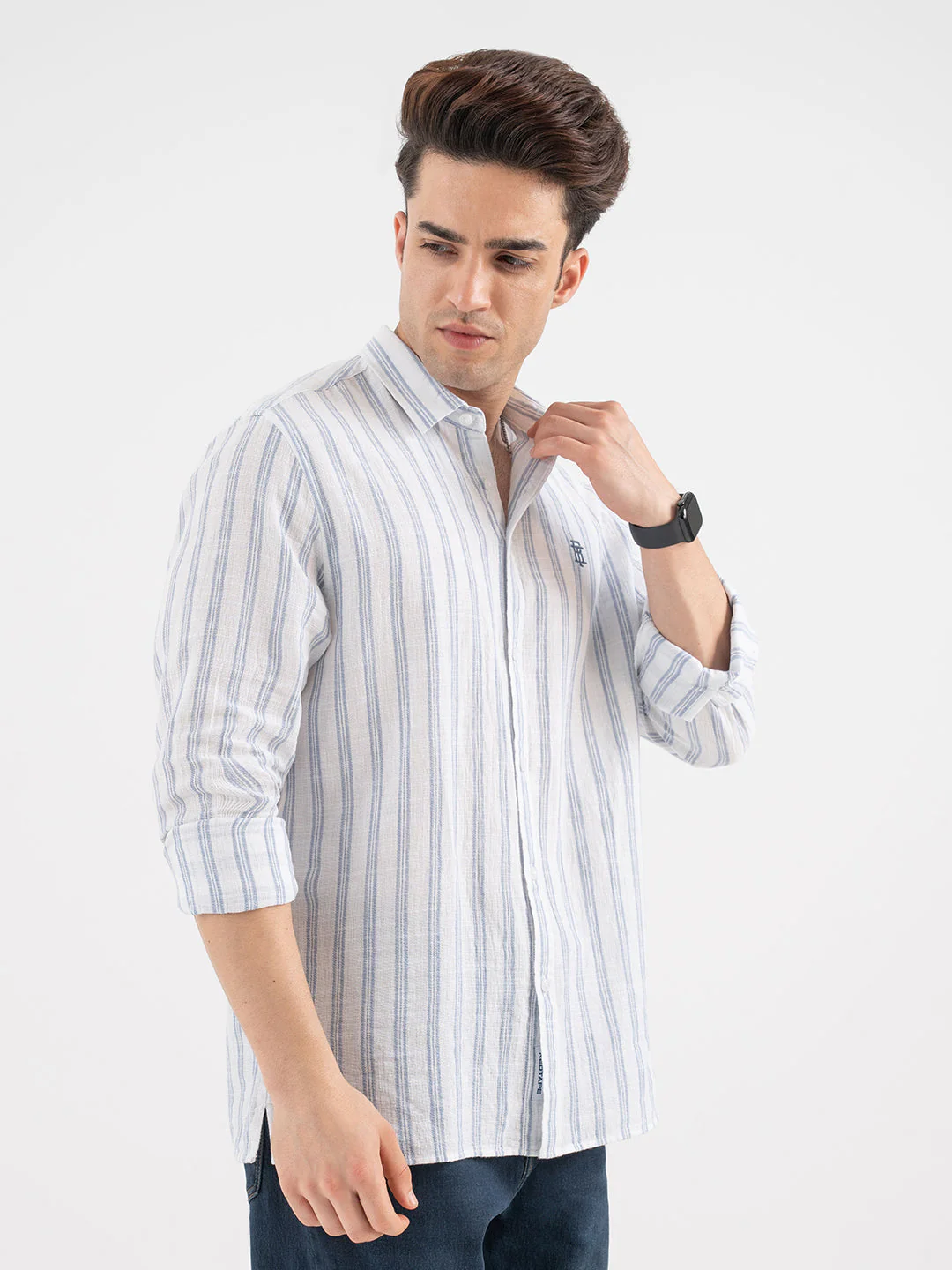 Men’s Slate Blue Casual Stripe Shirt - Image 6