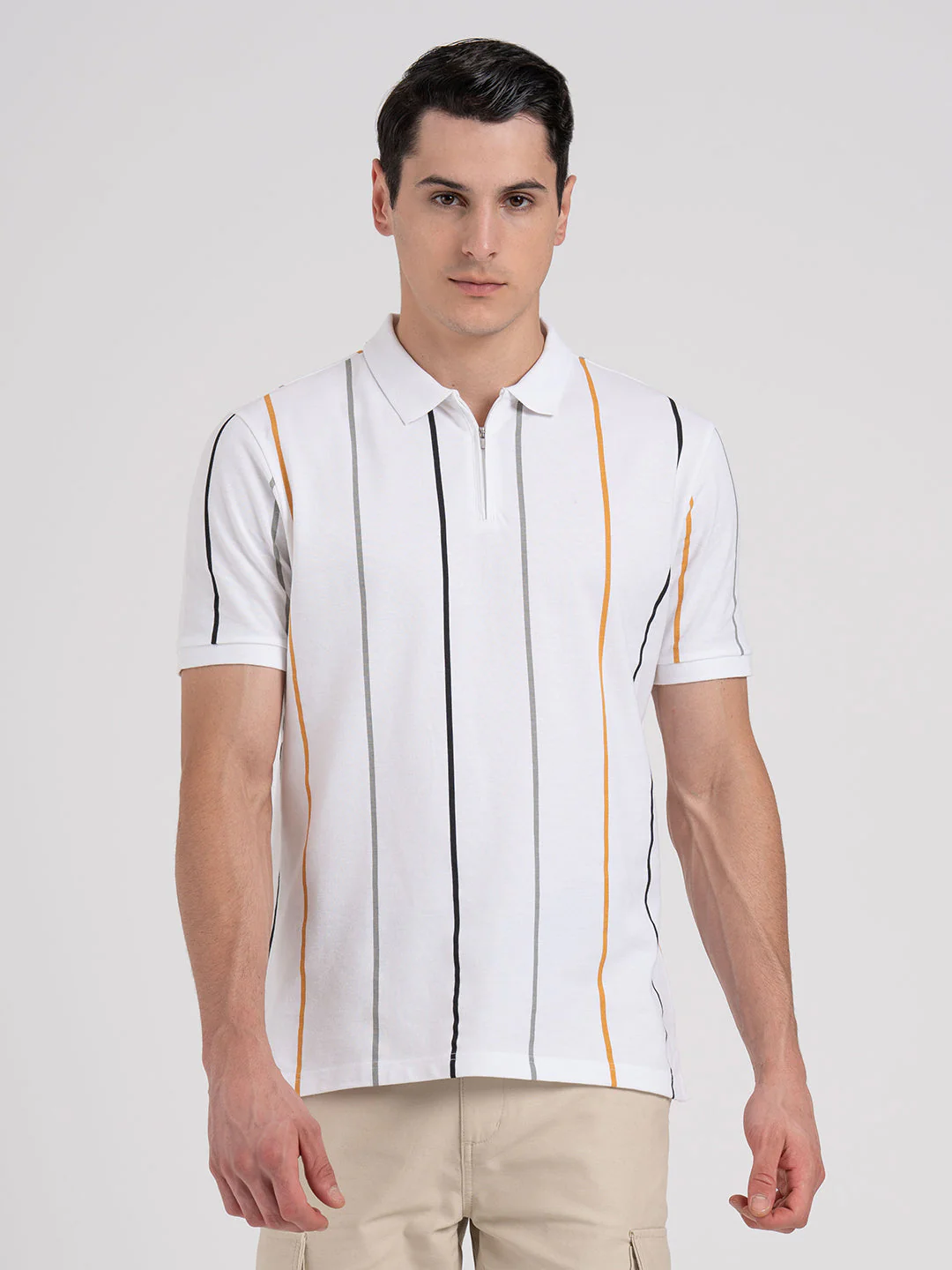 Men White Pure Cotton Vertical Stripe Zipper Polo T-Shirt