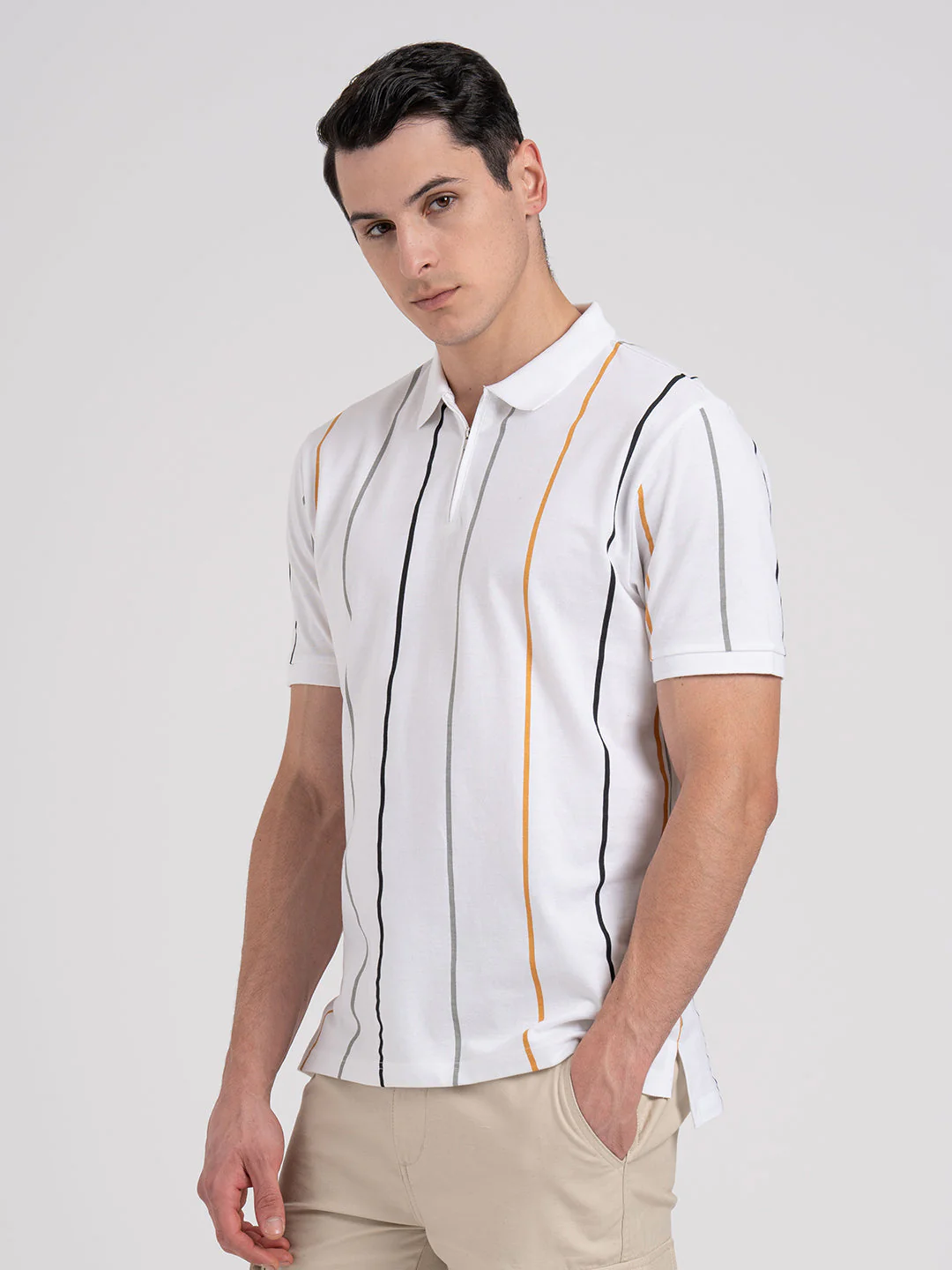 Men White Pure Cotton Vertical Stripe Zipper Polo T-Shirt - Image 2