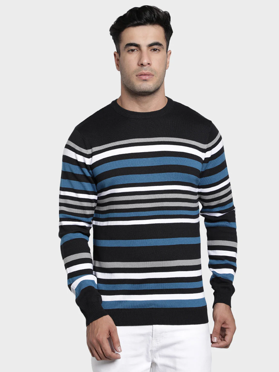 Men's Black Striped Acrylic Cotton Sweater