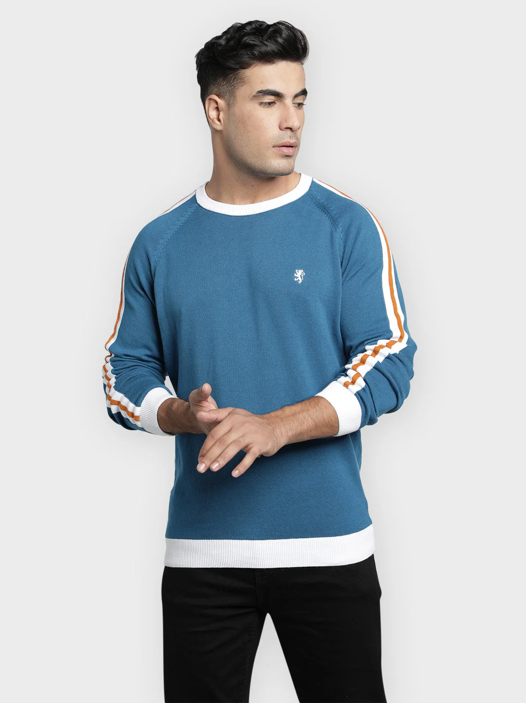 Men's Blue Solid Pure Cotton Sweater