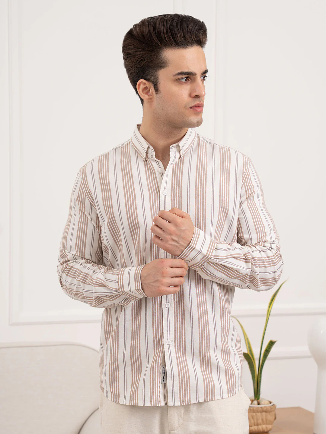 Men’s Brown Oxford Striped Shirt | Classic Cotton Sophistication - Image 7