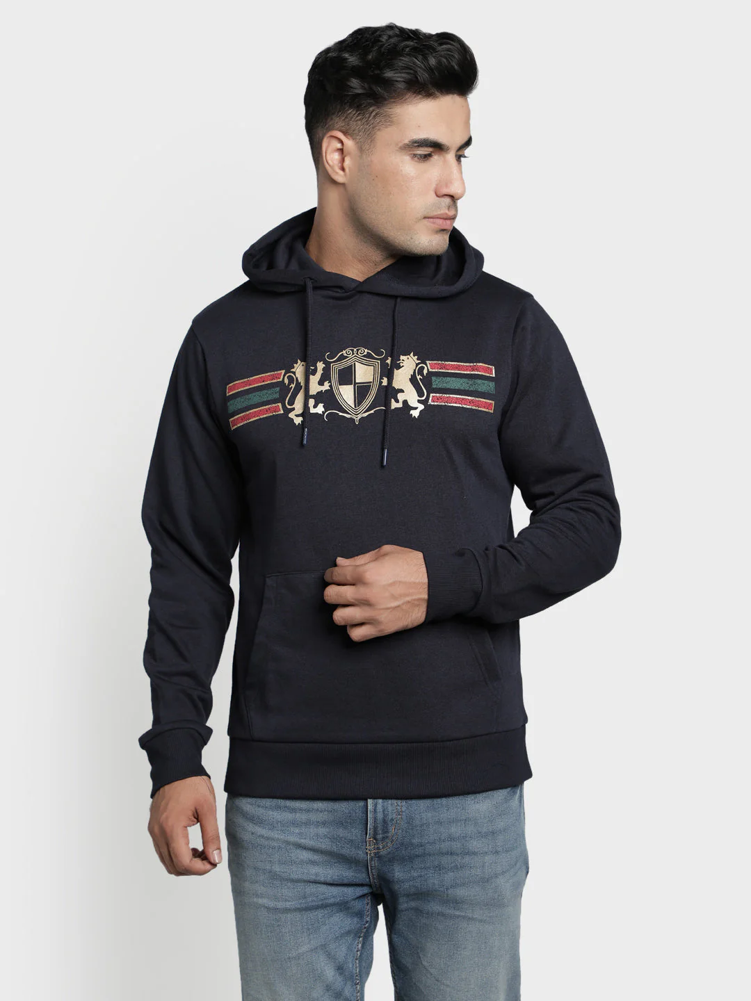 Men's Dark Navy Chest Cotton Polyester Hoodie