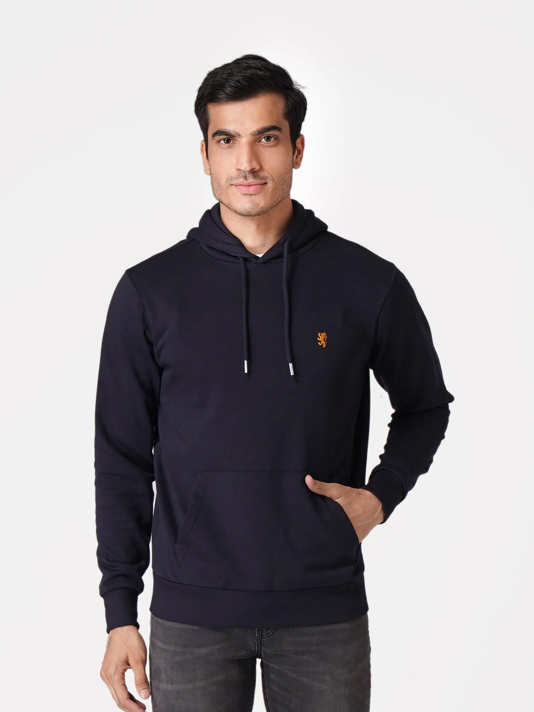 Men's Dark Navy Solid Cotton Polyester Hoodie