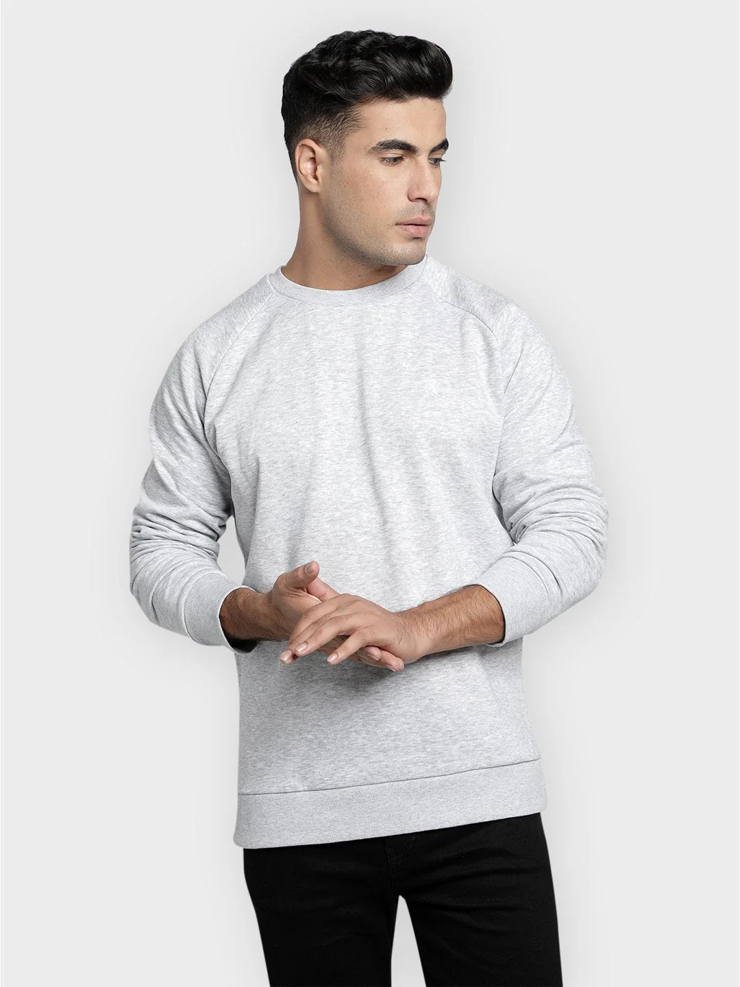Men's Light Grey Melange Solid Cotton Poly Fleece Sweatshirt