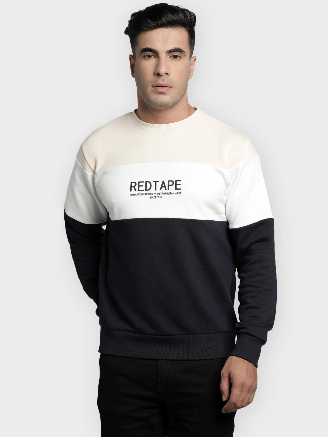 Men's Navy Color Block Graphic Print Cotton Poly Fleece Sweatshirt