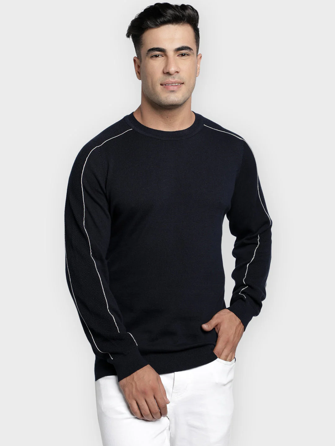 Men's Navy Solid Pure Cotton Sweater