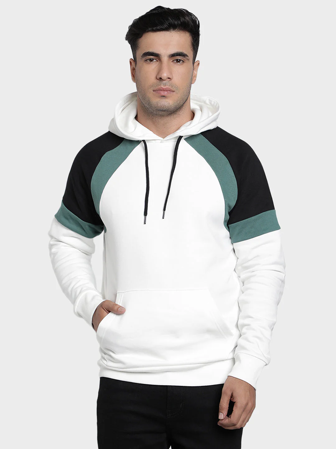 Men's Off White Color Block Cotton Polyester Hoodie