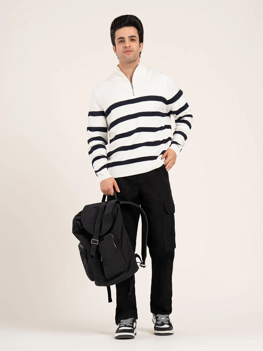 Men's Off-White Half Zip Striped Sweater | Cozy Winter Classic