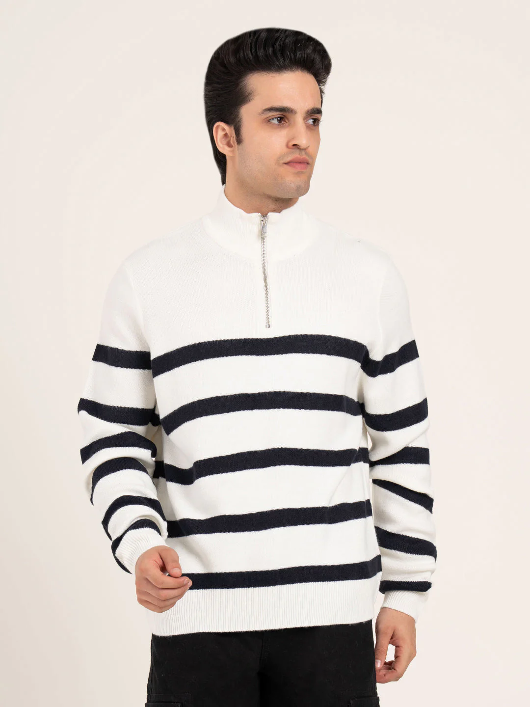 Men's Off-White Half Zip Striped Sweater | Cozy Winter Classic - Image 5