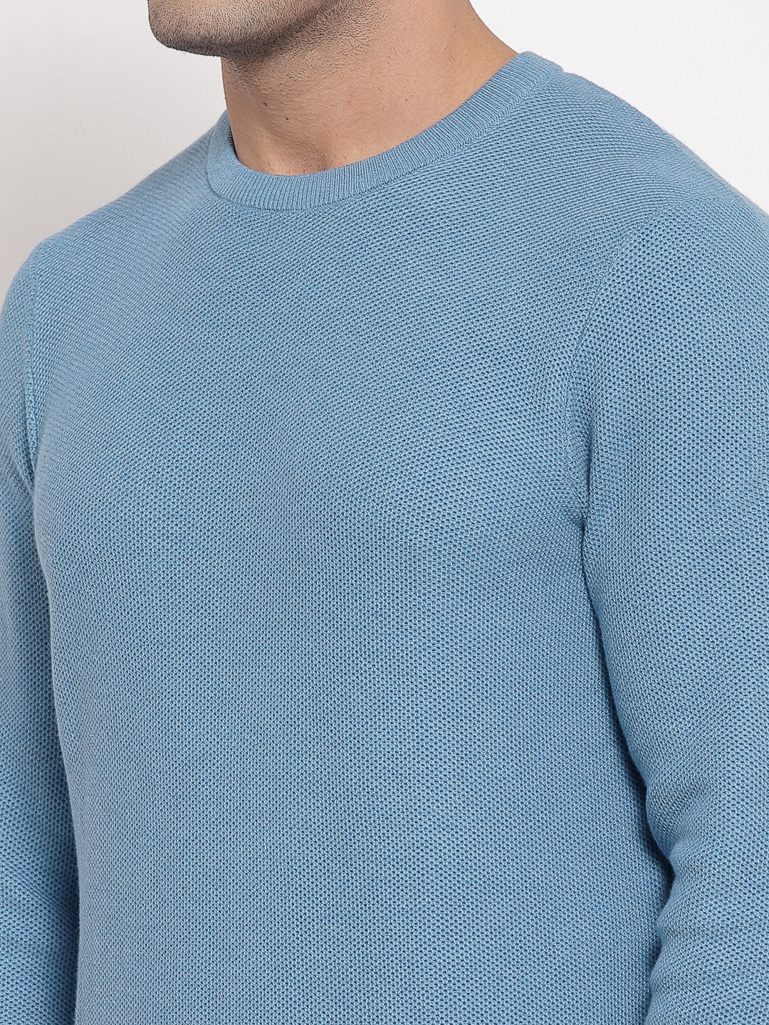 Men's Self Design Mid Blue Sweater - Image 4