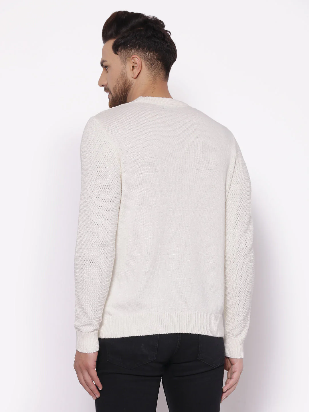 Men's Self Design Off White Sweater - Image 3