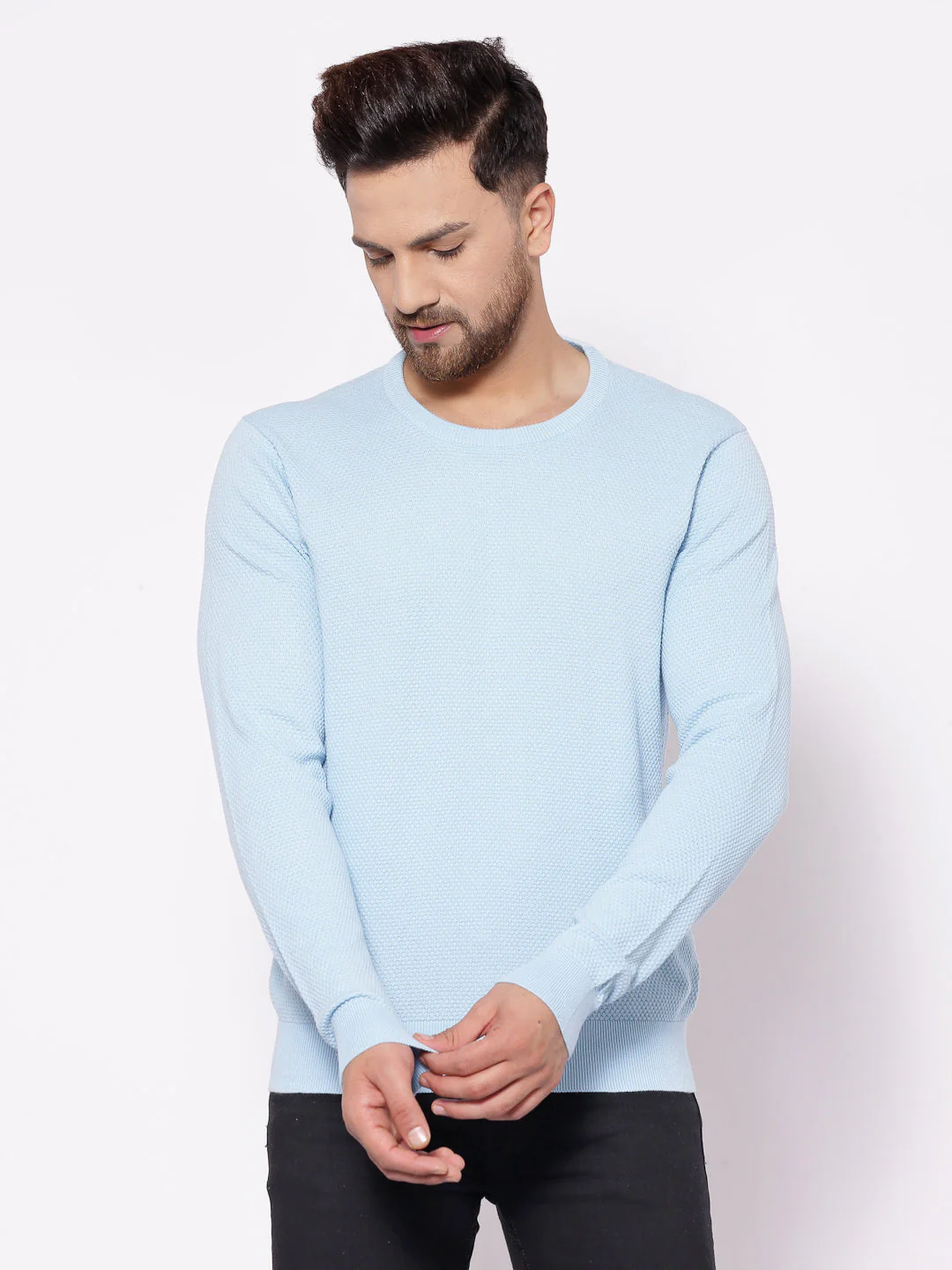 Men's Self Design Sky Blue Sweater