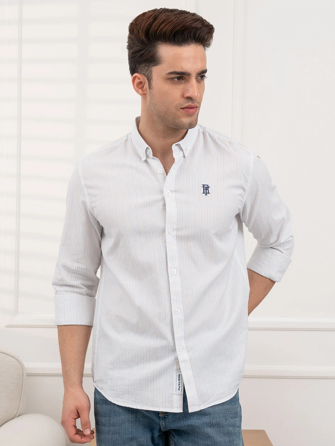 Men's Twill Shirt | Yellow Striped Casual Comfort Wear - Image 2
