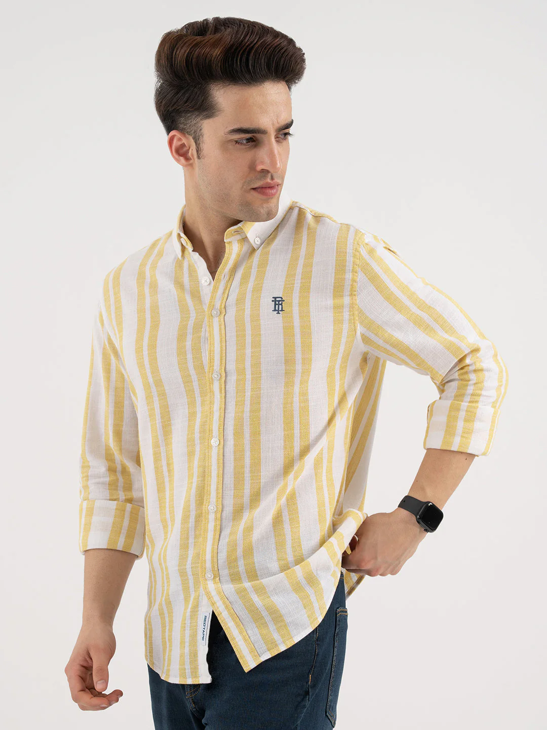 Men’s Yellow Casual Stripe Shirt - Image 2
