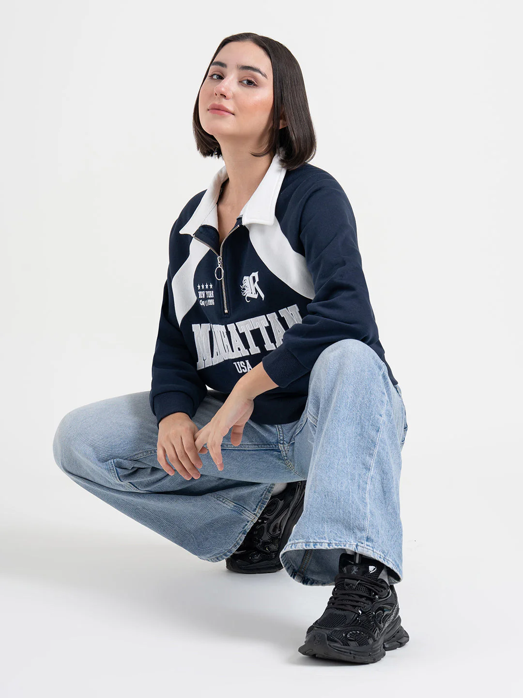 Navy Sweatshirt for Women | Winter Half Zip Style