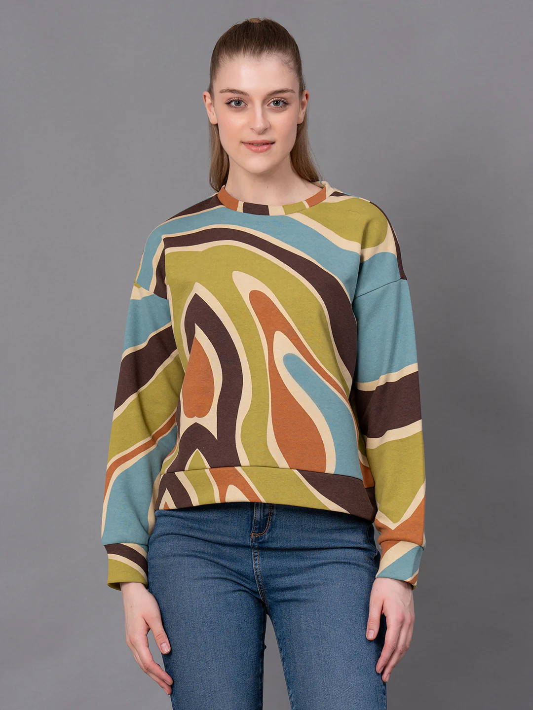 Off White Printed Cotton Poly Fleece Women's Sweatshirt
