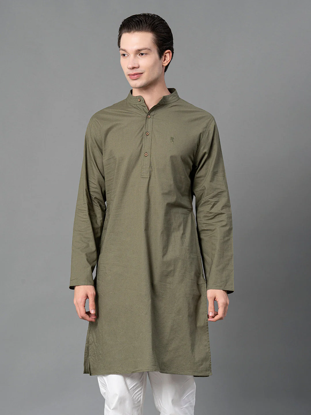 Solid Olive Mid-Length Kurta for Men