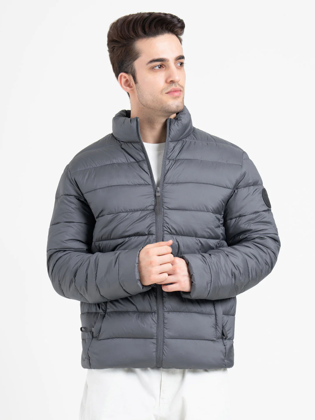 Stone Grey Puffer Heatseal Jacket | Full-Sleeve ,Straight Quilted - Image 2