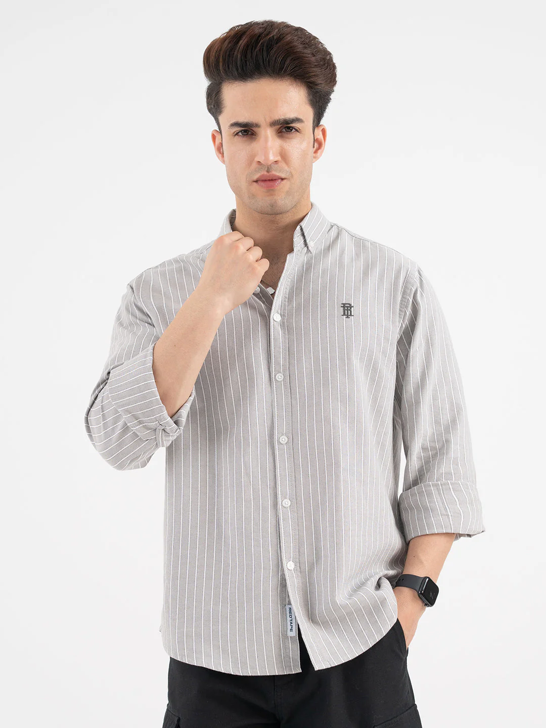 Red Tape Striped Grey Shirt for Men