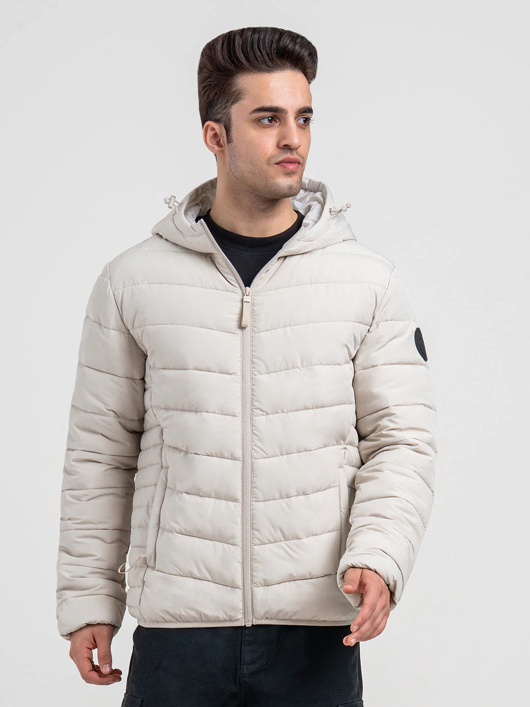 Mens Beige Hooded Winter Jacket | Classic Puffer Comfort - Image 2