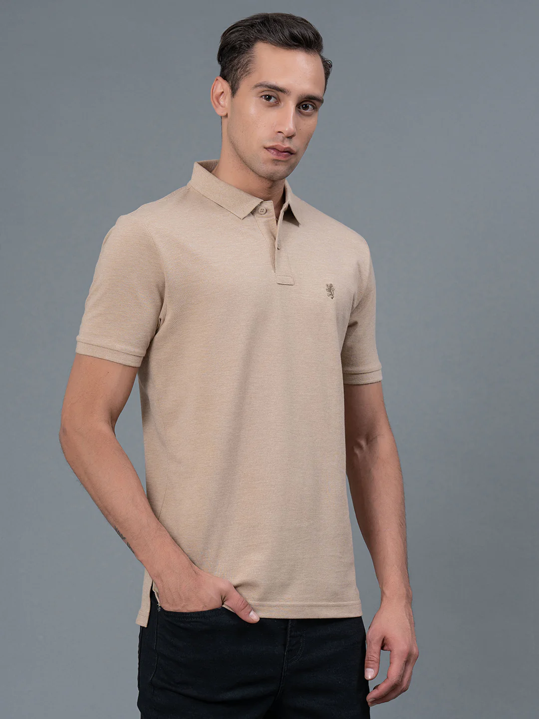 Beige Melange Men's Polo T-Shirt - Image 2