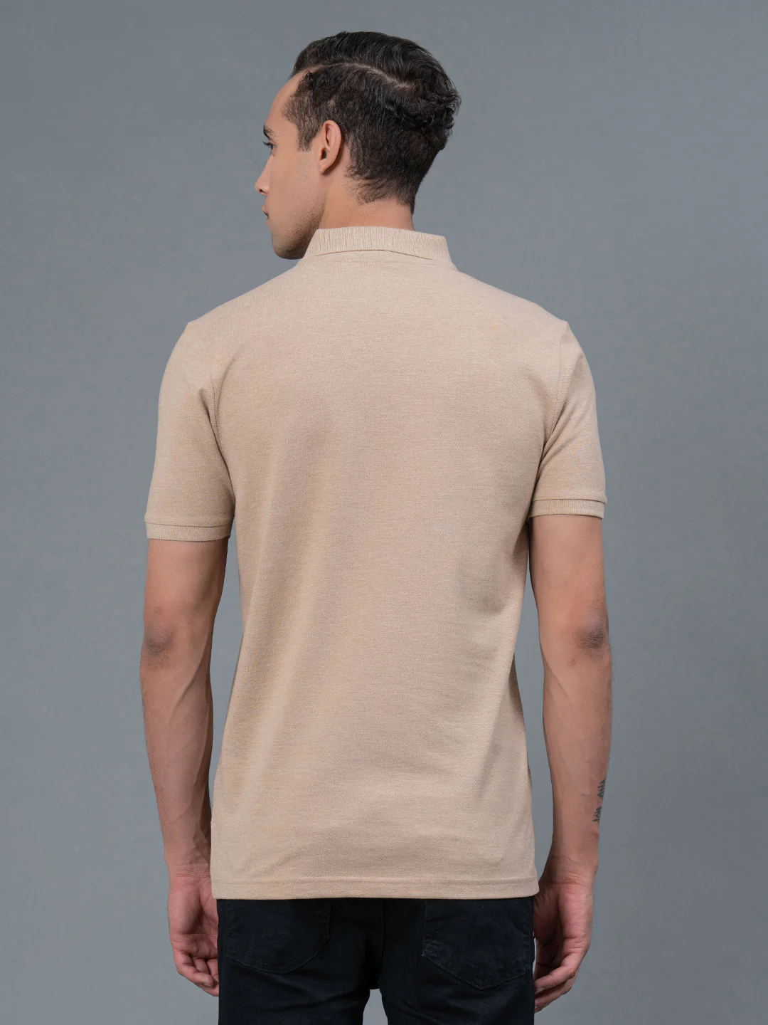 Beige Melange Men's Polo T-Shirt - Image 3