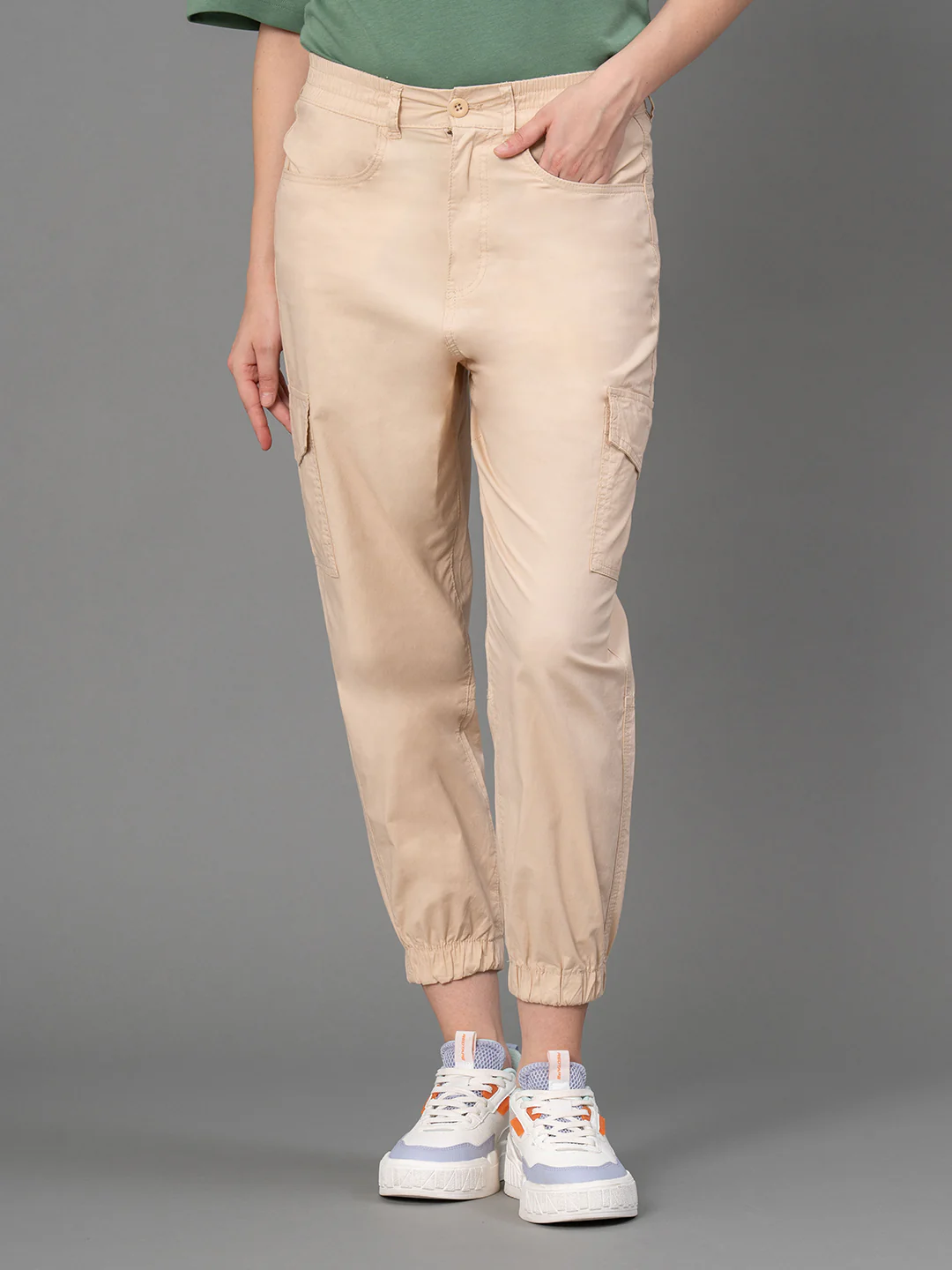 Beige Solid Joggers for Women