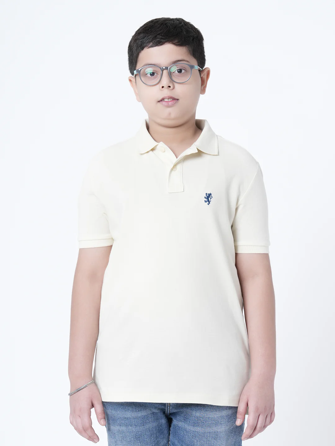 Boys Off White Solid T-Shirt