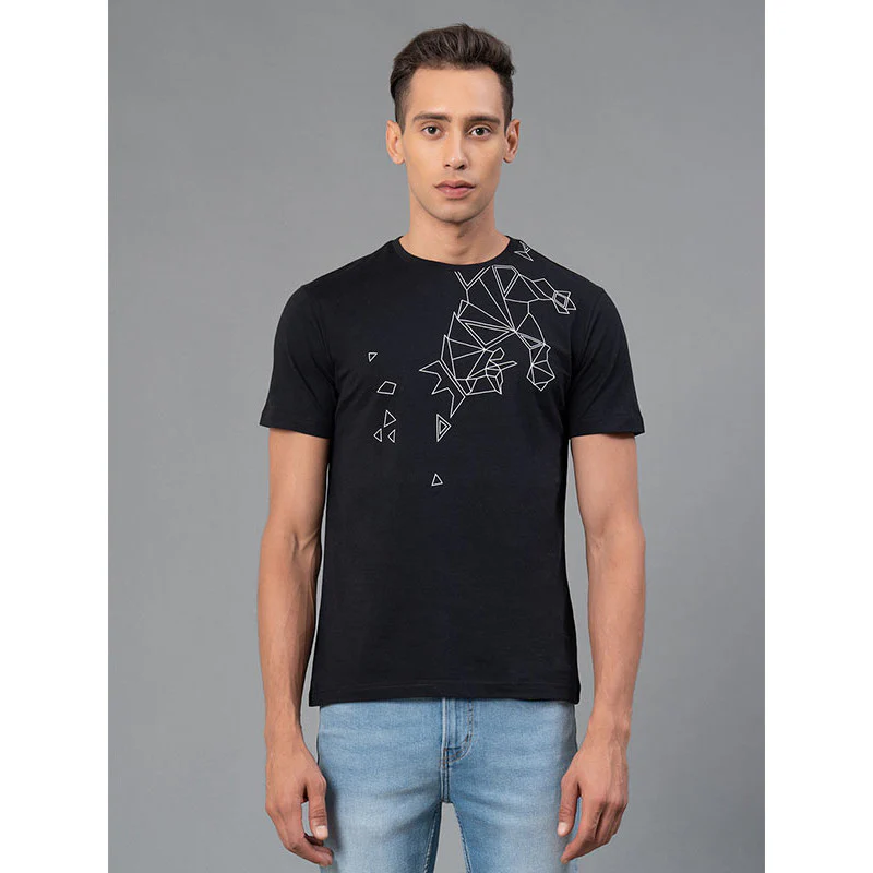 Men's Black Graphic Print Pure Cotton Round Neck T-Shirt