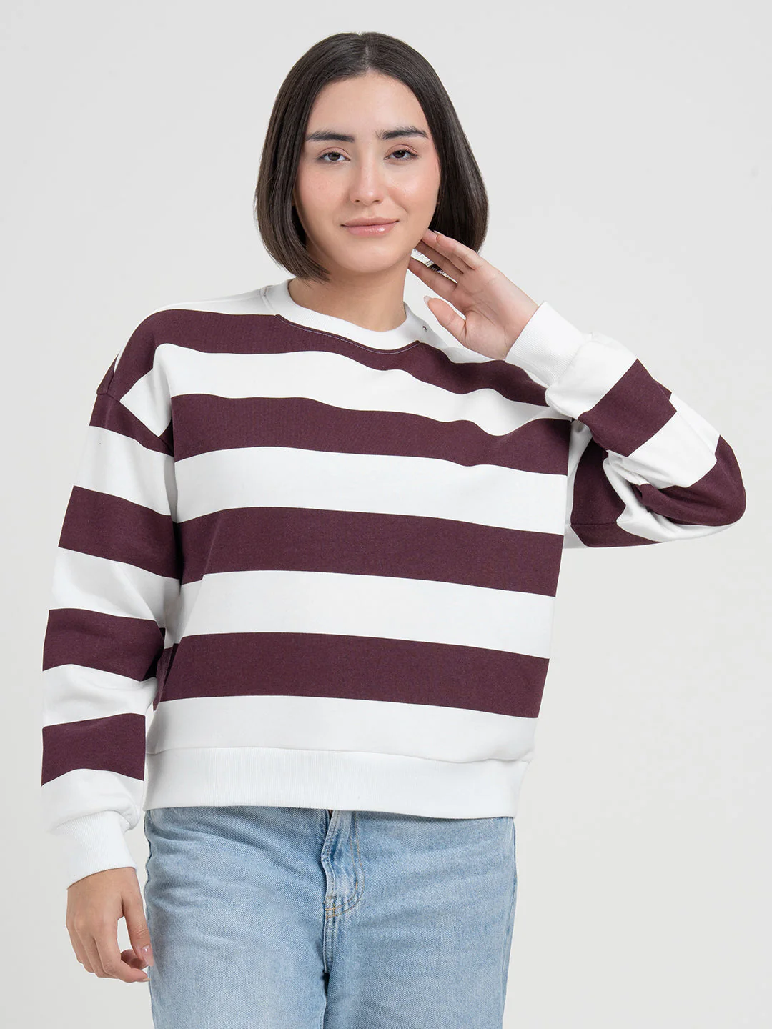 Maroon White Striped Sweatshirt for Women | Modern Winter Everyday Comfort - Image 8