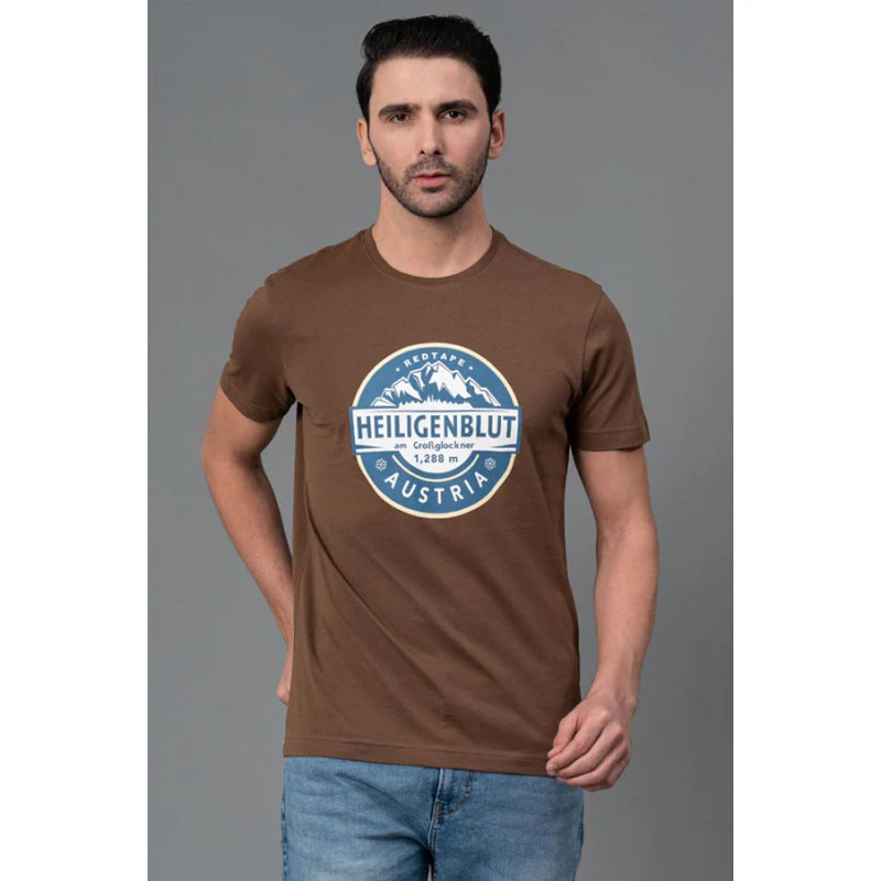 Men Casual Round Neck Brown T-Shirt