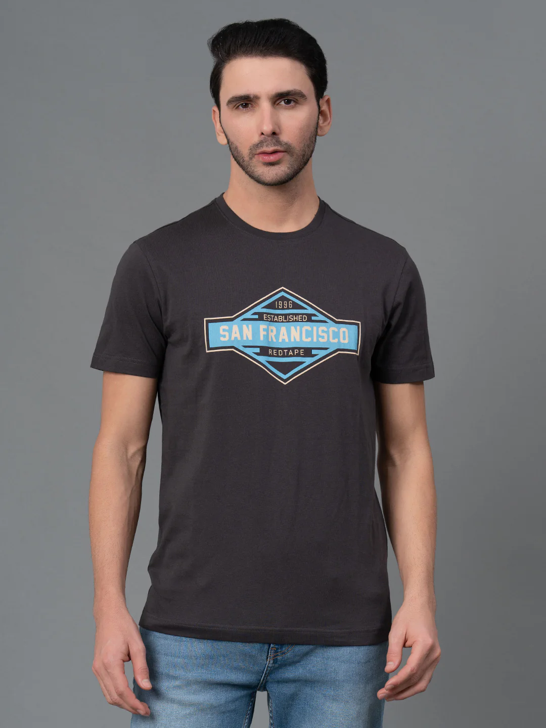 Men Casual Round Neck Space Grey T-Shirt