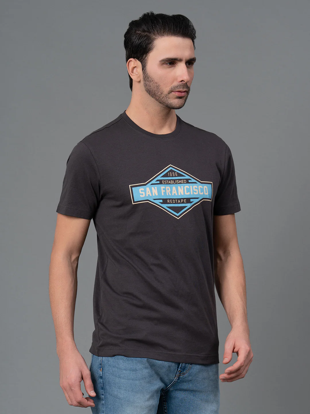 Men Casual Round Neck Space Grey T-Shirt - Image 2