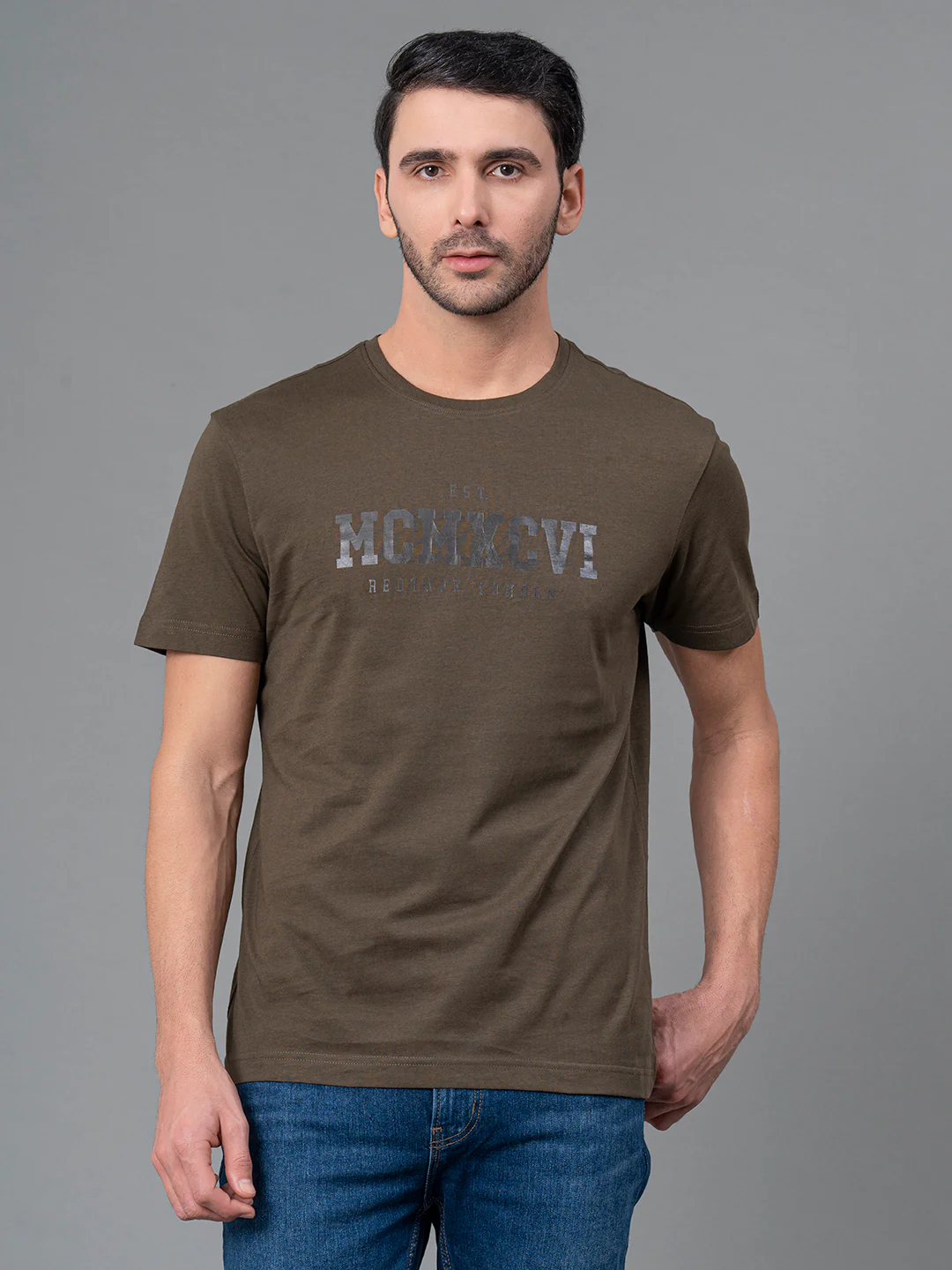 Mens Casual Round Neck Dark Olive T-Shirt