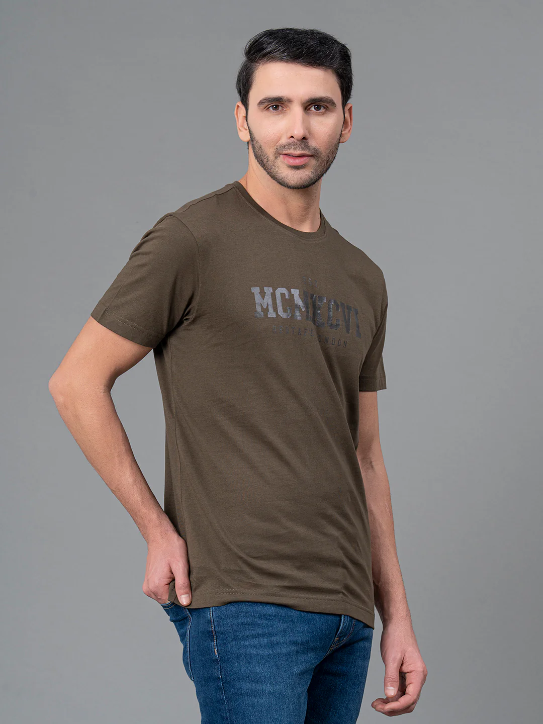 Mens Casual Round Neck Dark Olive T-Shirt - Image 3