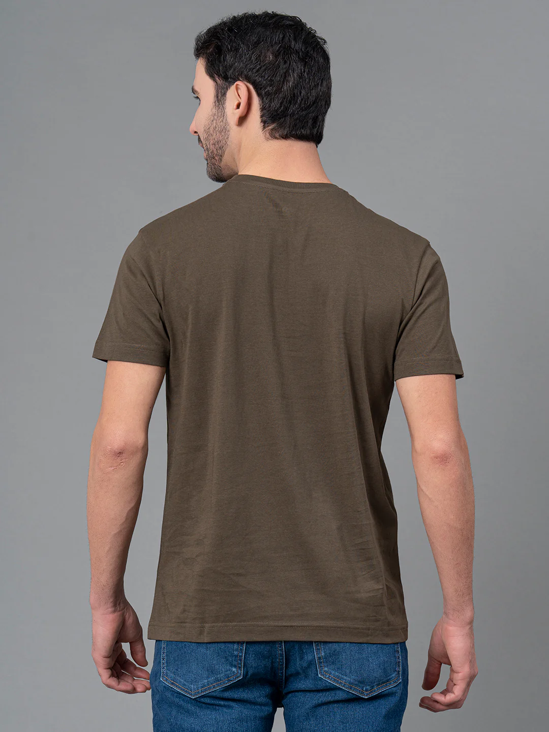 Mens Casual Round Neck Dark Olive T-Shirt - Image 4