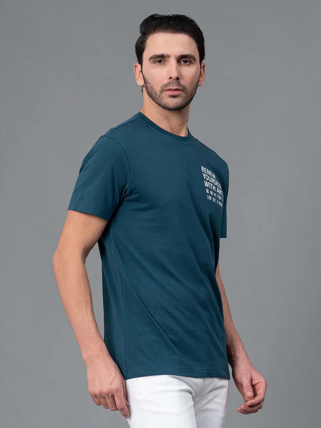 Mens Casual Round Neck Teal T-Shirt - Image 2